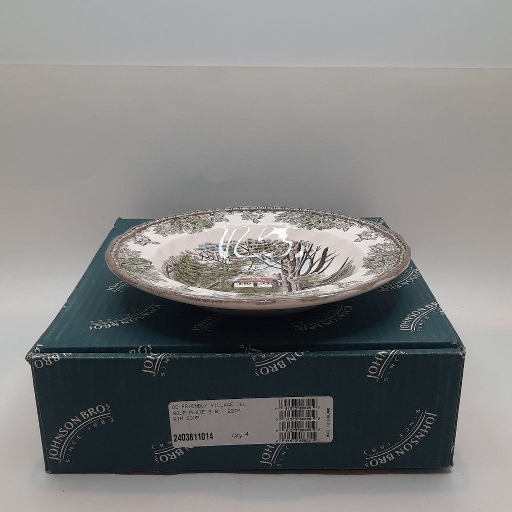 Johnson Brothers set 6 Friendly Village square 9" soup plates. Pristine unused